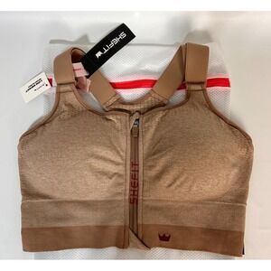 NEW SHEFIT Low Impact Sports Bra Front Zip Closure Heathered Tan 1Luxe a